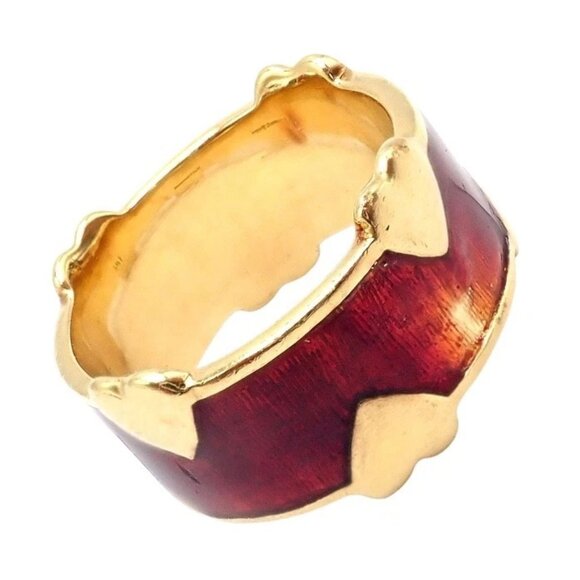 Tiffany & Co Schlumberger 18k Yellow Gold Red Enamel Heart Band Ring sz 6 - Picture 4 of 12